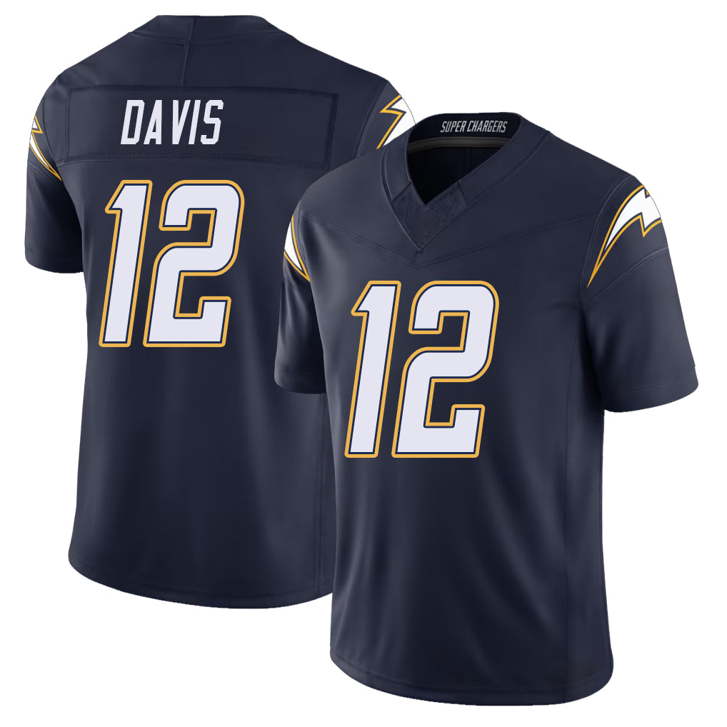 Los Angeles C #12 Davis Player Football V Neck Short Sleeve Navy Jersey Derius For Men Youth Women Gift