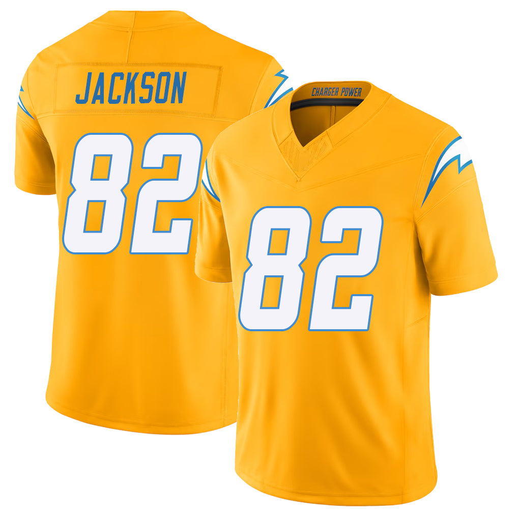 Los Angeles C #82 Jackson Player Football V Neck Short Sleeve Gold Jersey JaQuae For Men Youth Women Gift