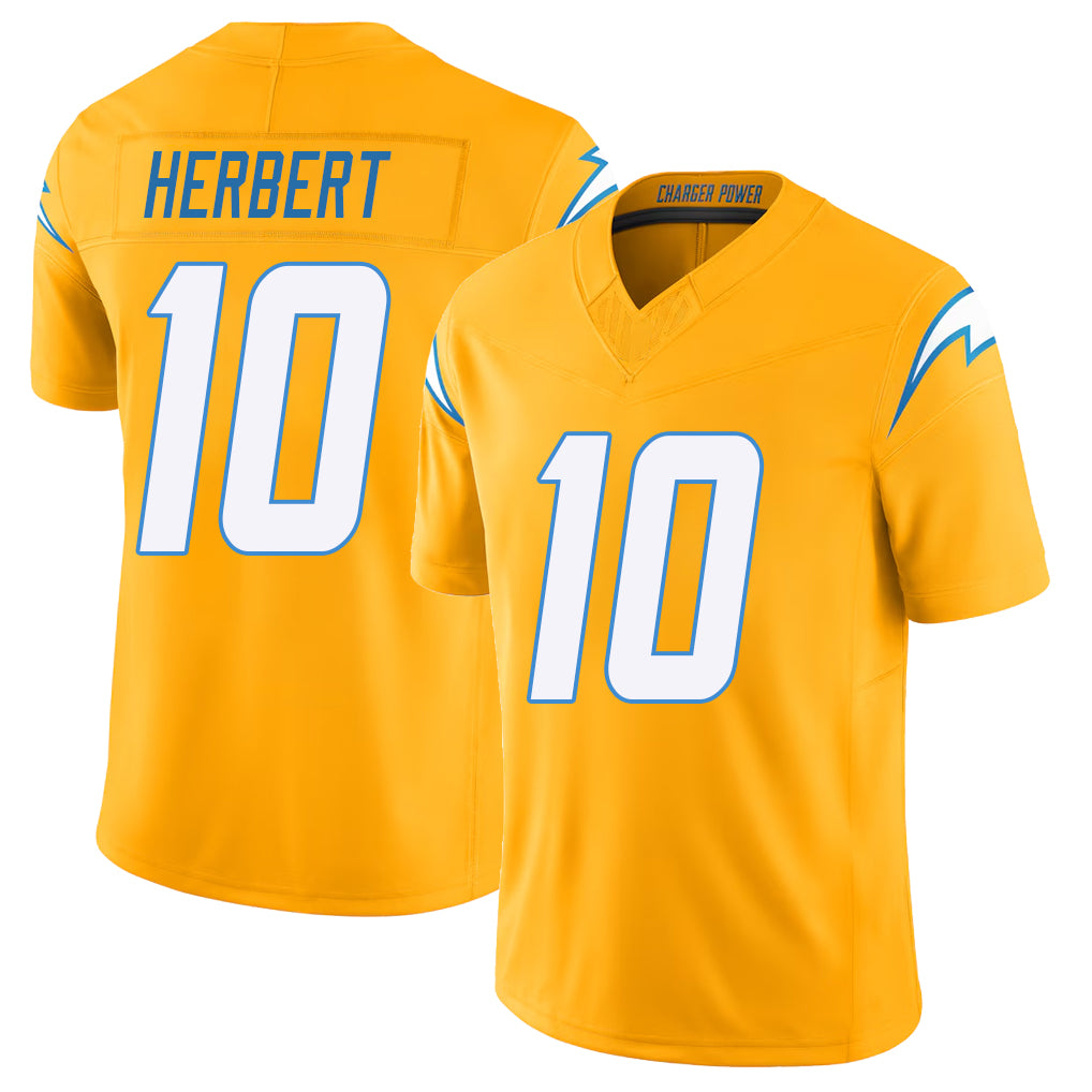 Los Angeles C #10 Herbert Player Football V Neck Short Sleeve Gold Jersey Justin For Men Youth Women Gift