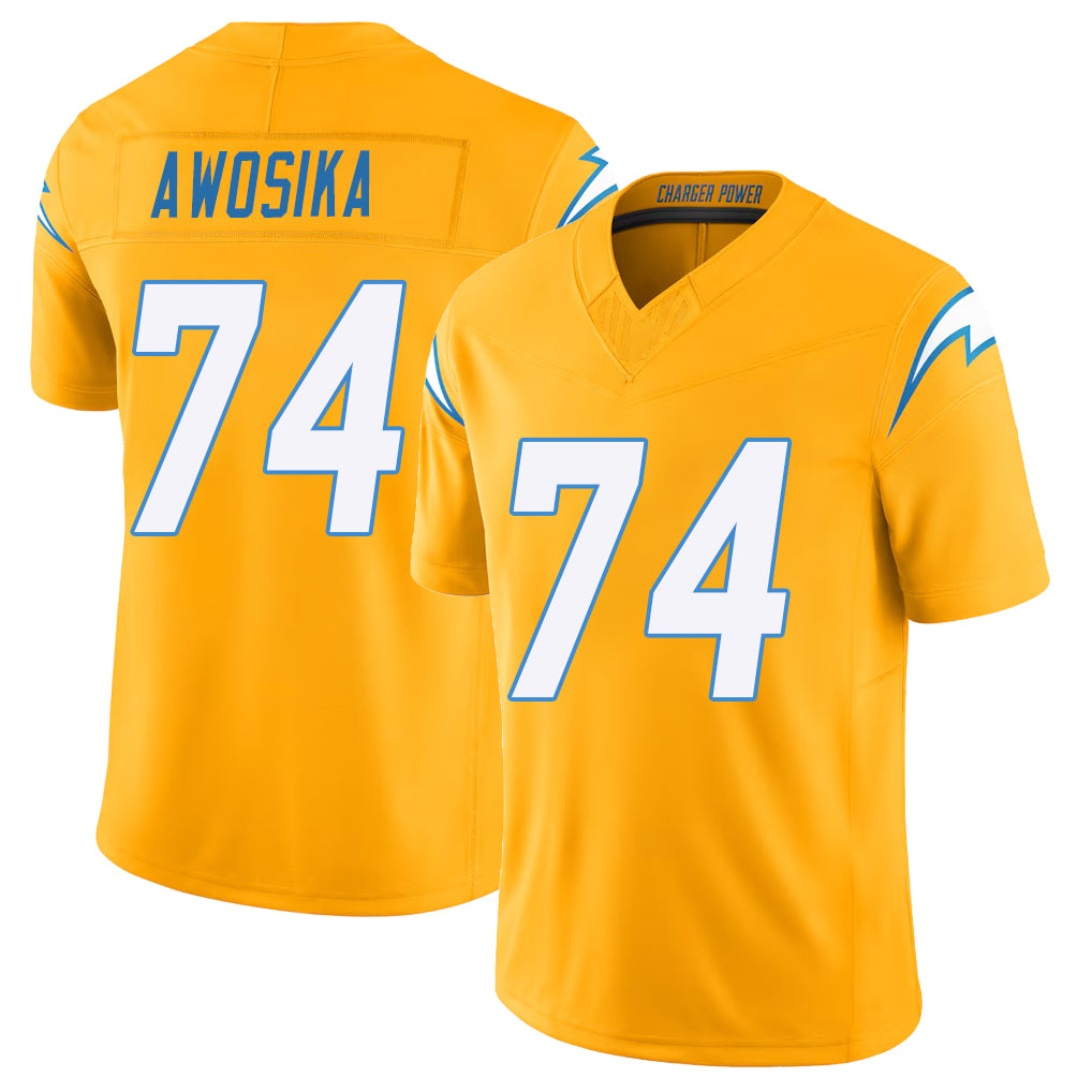 Los Angeles C #74 Awosika Player Football V Neck Short Sleeve Gold Jersey Kayode For Men Youth Women Gift