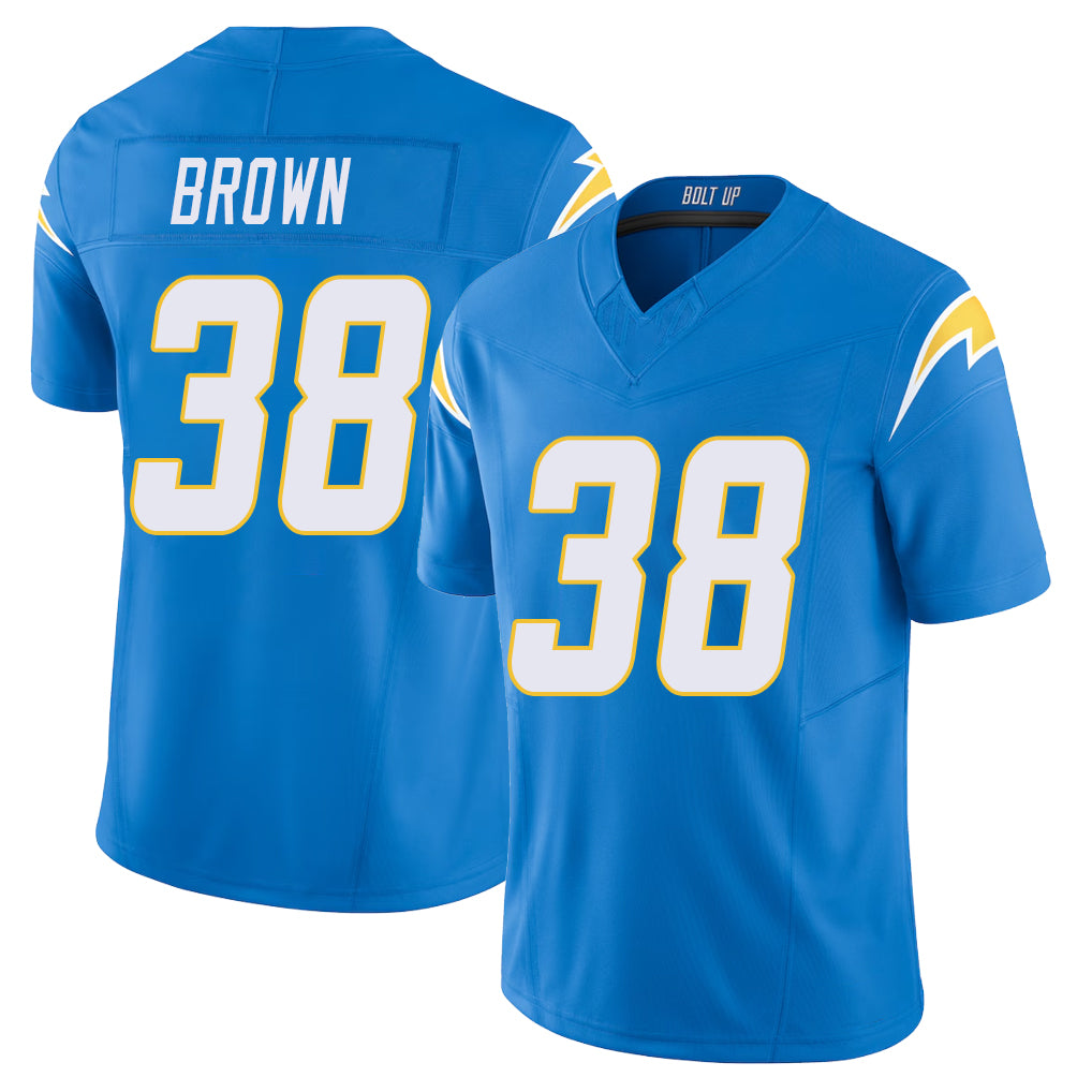 Los Angeles C #38 Brown Player Football V Neck Short Sleeve Blue Jersey Sincere For Men Youth Women Gift