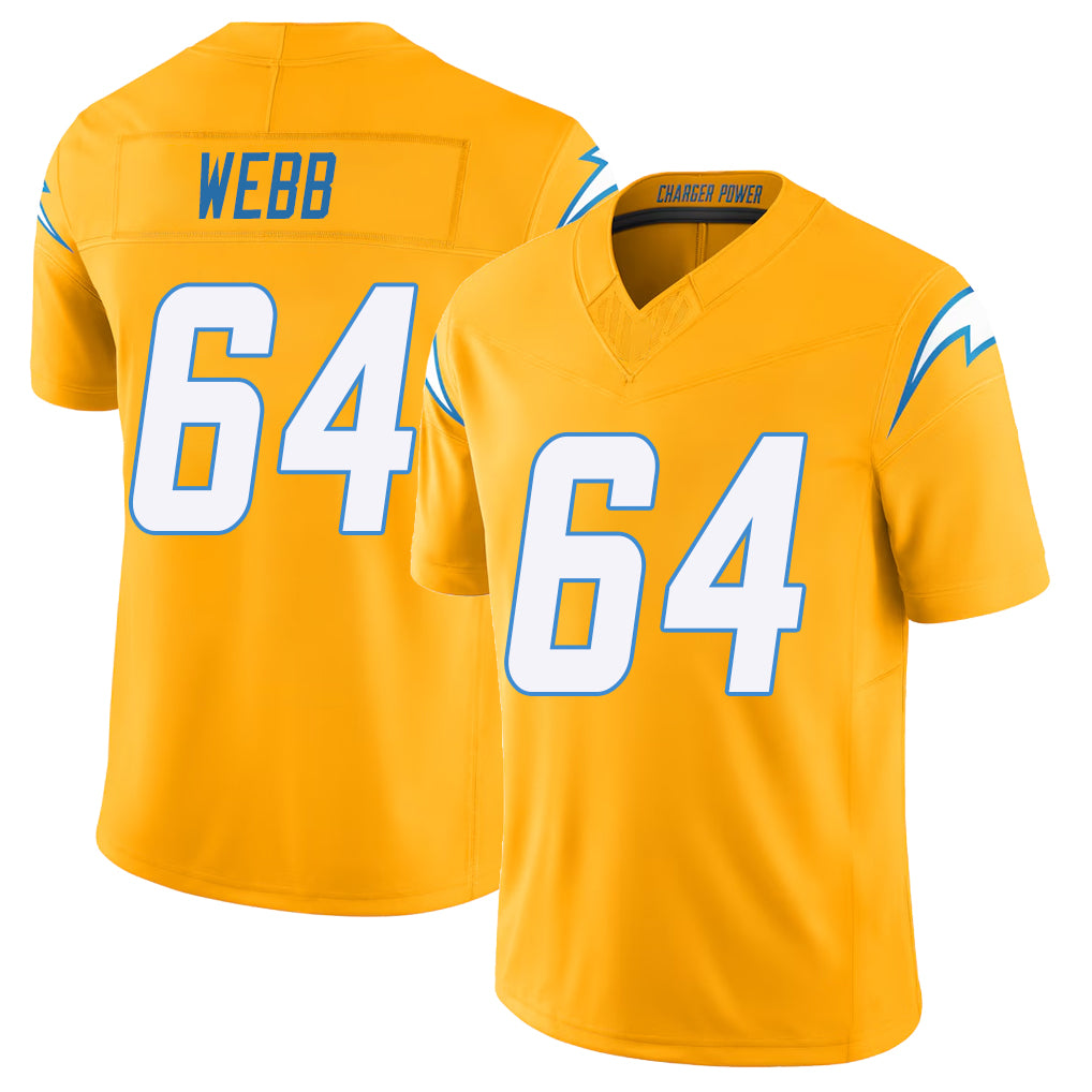 Los Angeles C #64 Webb Player Football V Neck Short Sleeve Gold Jersey Terry For Men Youth Women Gift