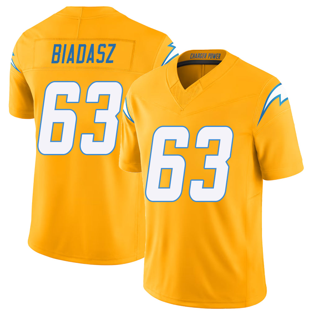 Los Angeles C #63 Biadasz Player Football V Neck Short Sleeve Gold Jersey Tyler For Men Youth Women Gift