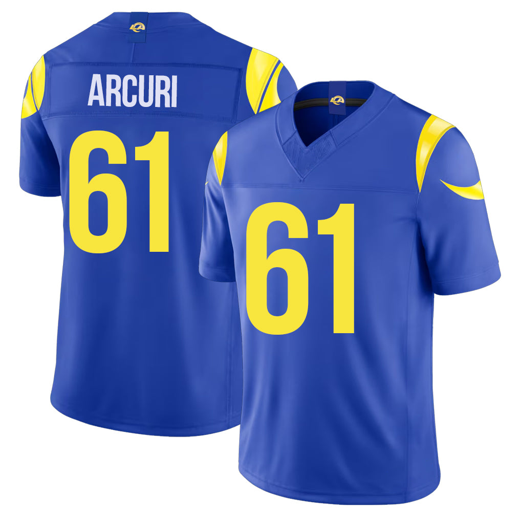 Los Angeles R #61 Arcuri Player Football V Neck Short Sleeve Royal Jersey A.J. For Men Youth Women Gift
