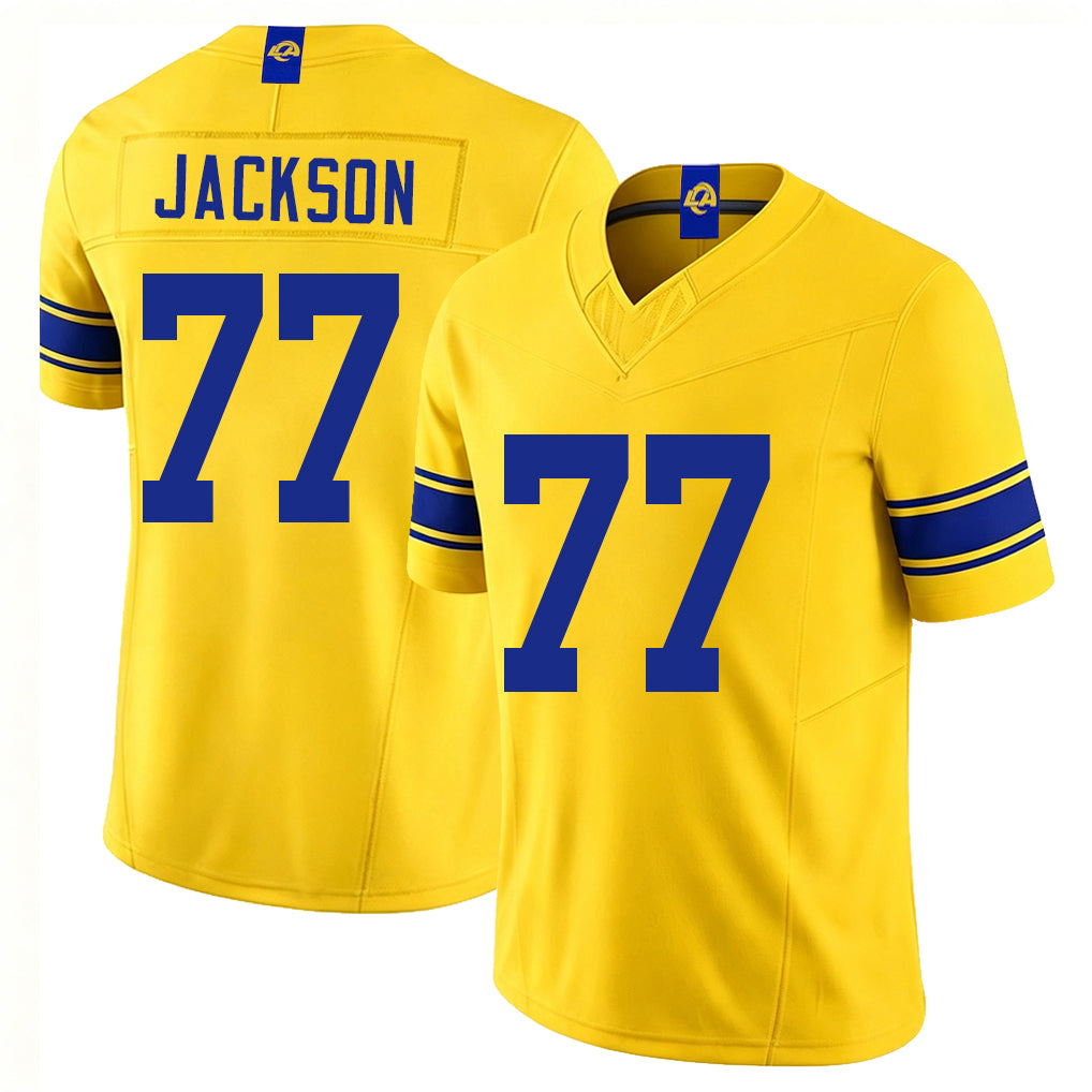 Los Angeles R #77 Jackson Player Football V Neck Short Sleeve Gold Jersey Alaric For Men Youth Women Gift