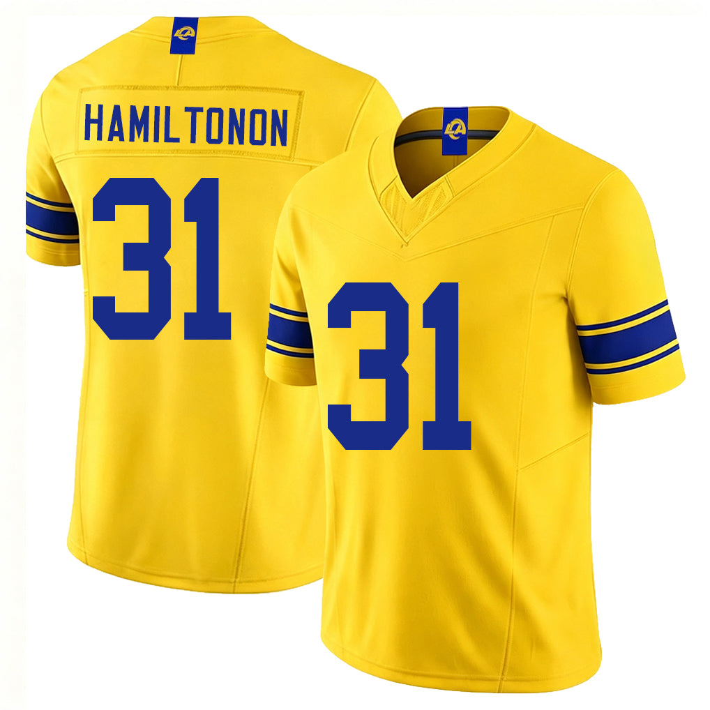 Los Angeles R #31 Hamiltonon Player Football V Neck Short Sleeve Gold Jersey Al'zillion For Men Youth Women Gift