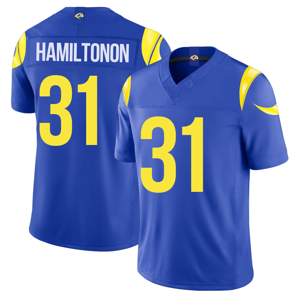 Los Angeles R #31 Hamiltonon Player Football V Neck Short Sleeve Royal Jersey Al'zillion For Men Youth Women Gift