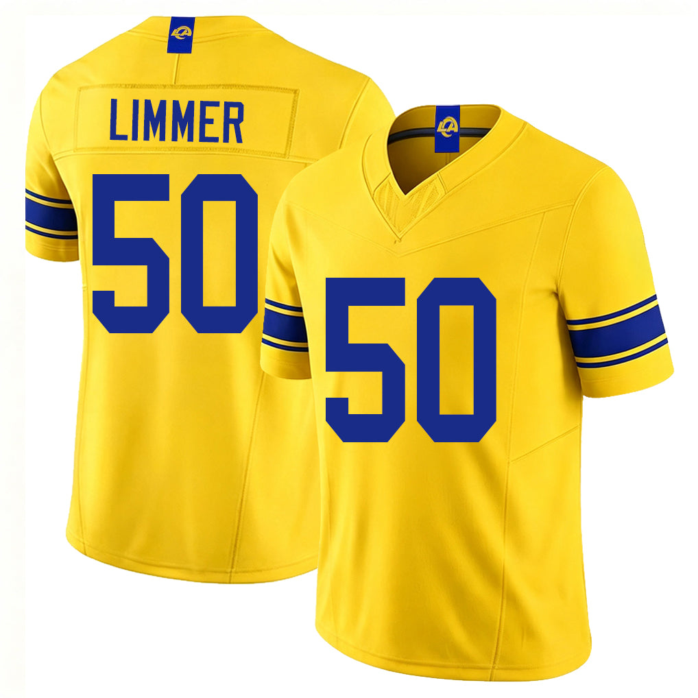 Los Angeles R #50 Limmer Player Football V Neck Short Sleeve Gold Jersey Beaux For Men Youth Women Gift