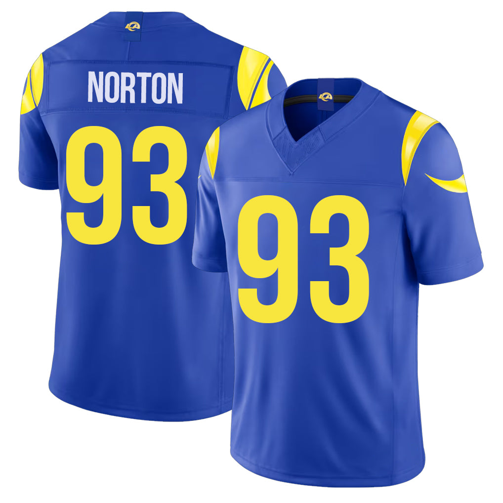 Los Angeles R #93 Norton Player Football V Neck Short Sleeve Royal Jersey Bill For Men Youth Women Gift