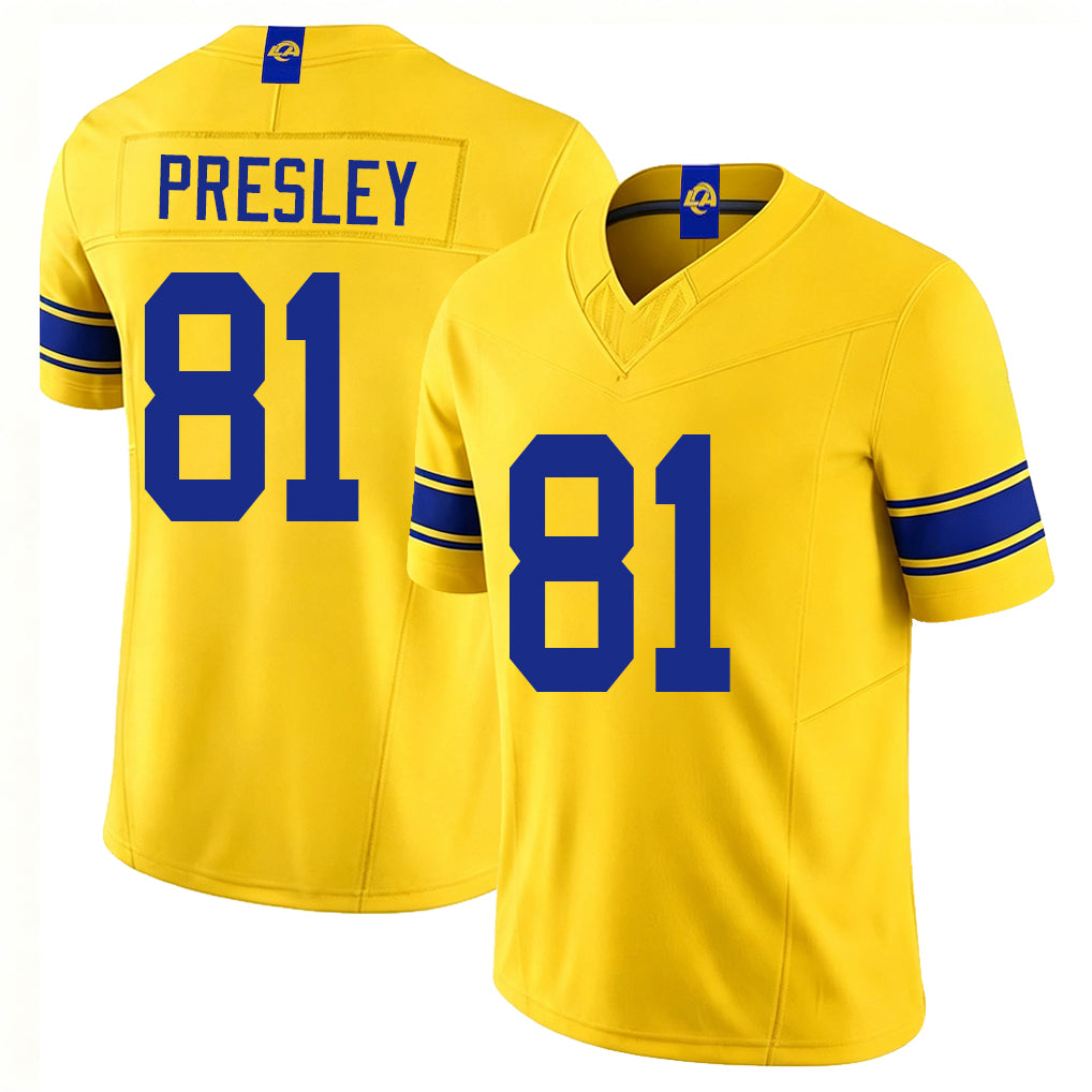 Los Angeles R #81 Presley Player Football V Neck Short Sleeve Gold Jersey Brennan For Men Youth Women Gift
