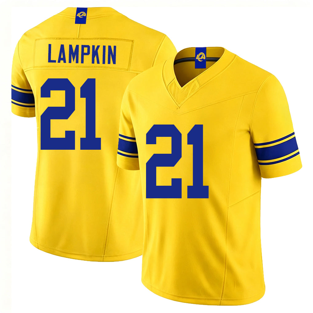 Los Angeles R #21 Lampkin Player Football V Neck Short Sleeve Gold Jersey Cam For Men Youth Women Gift