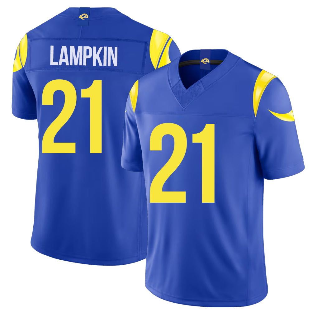 Los Angeles R #21 Lampkin Player Football V Neck Short Sleeve Royal Jersey Cam For Men Youth Women Gift