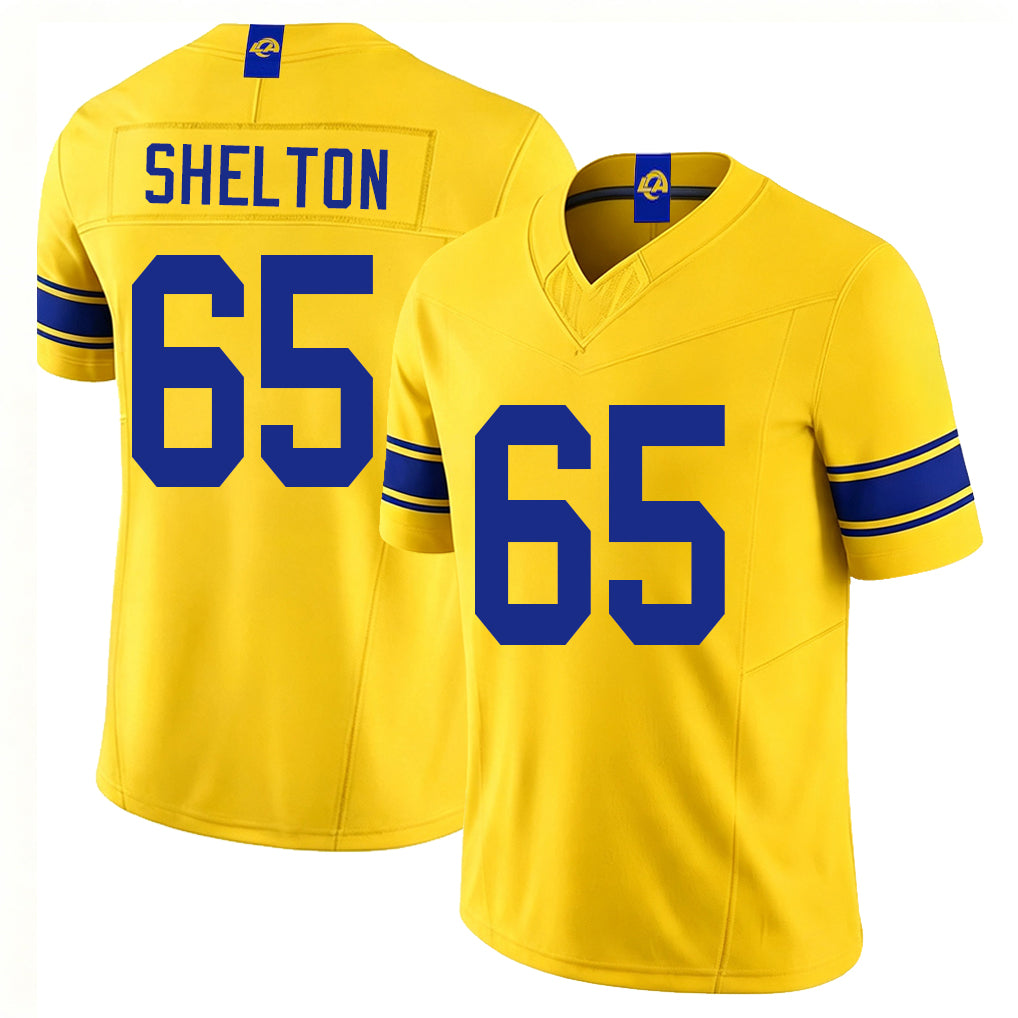 Los Angeles R #65 Shelton Player Football V Neck Short Sleeve Gold Jersey Coleman For Men Youth Women Gift