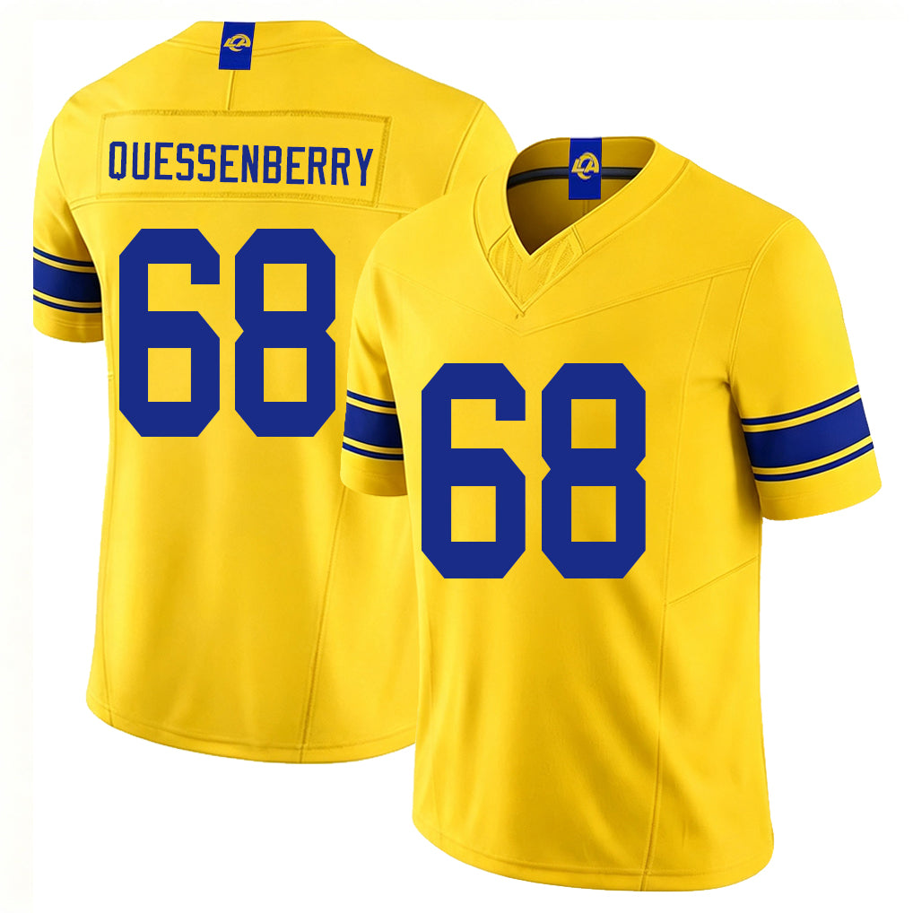 Los Angeles R #68 Quessenberry Player Football V Neck Short Sleeve Gold Jersey David For Men Youth Women Gift