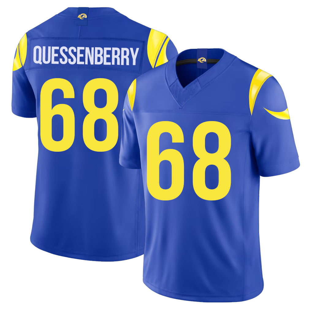 Los Angeles R #68 Quessenberry Player Football V Neck Short Sleeve Royal Jersey David For Men Youth Women Gift
