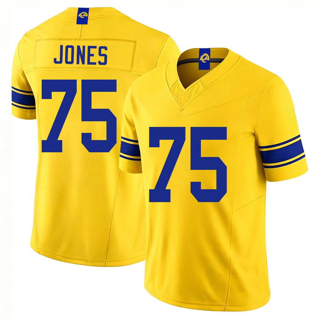 Los Angeles R #75 Jones Player Football V Neck Short Sleeve Gold Jersey Deacon For Men Youth Women Gift