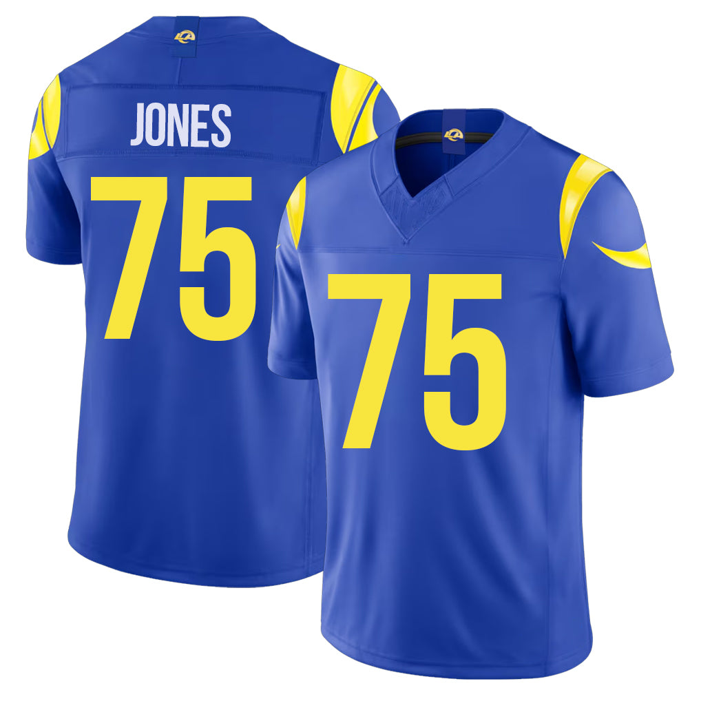 Los Angeles R #75 Jones Player Football V Neck Short Sleeve Royal Jersey Deacon For Men Youth Women Gift