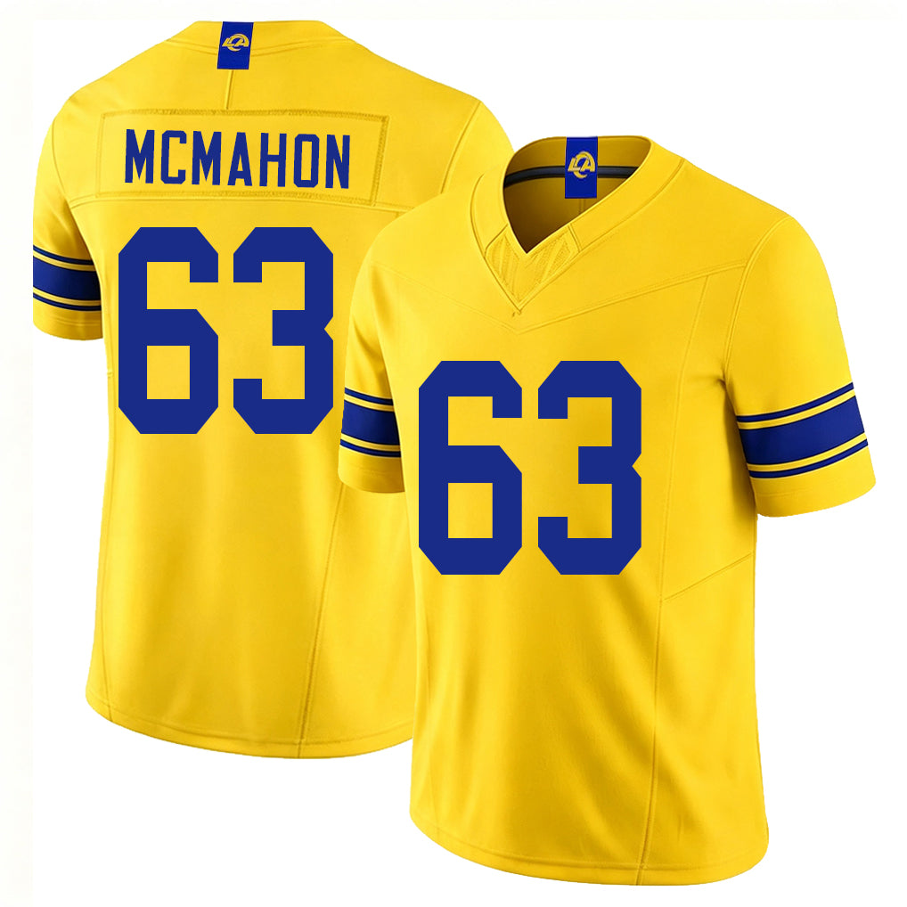 Los Angeles R #63 McMahon Player Football V Neck Short Sleeve Gold Jersey Dylan For Men Youth Women Gift