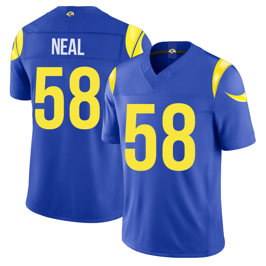 Los Angeles R #58 Neal Player Football V Neck Short Sleeve Royal Jersey Elias For Men Youth Women Gift