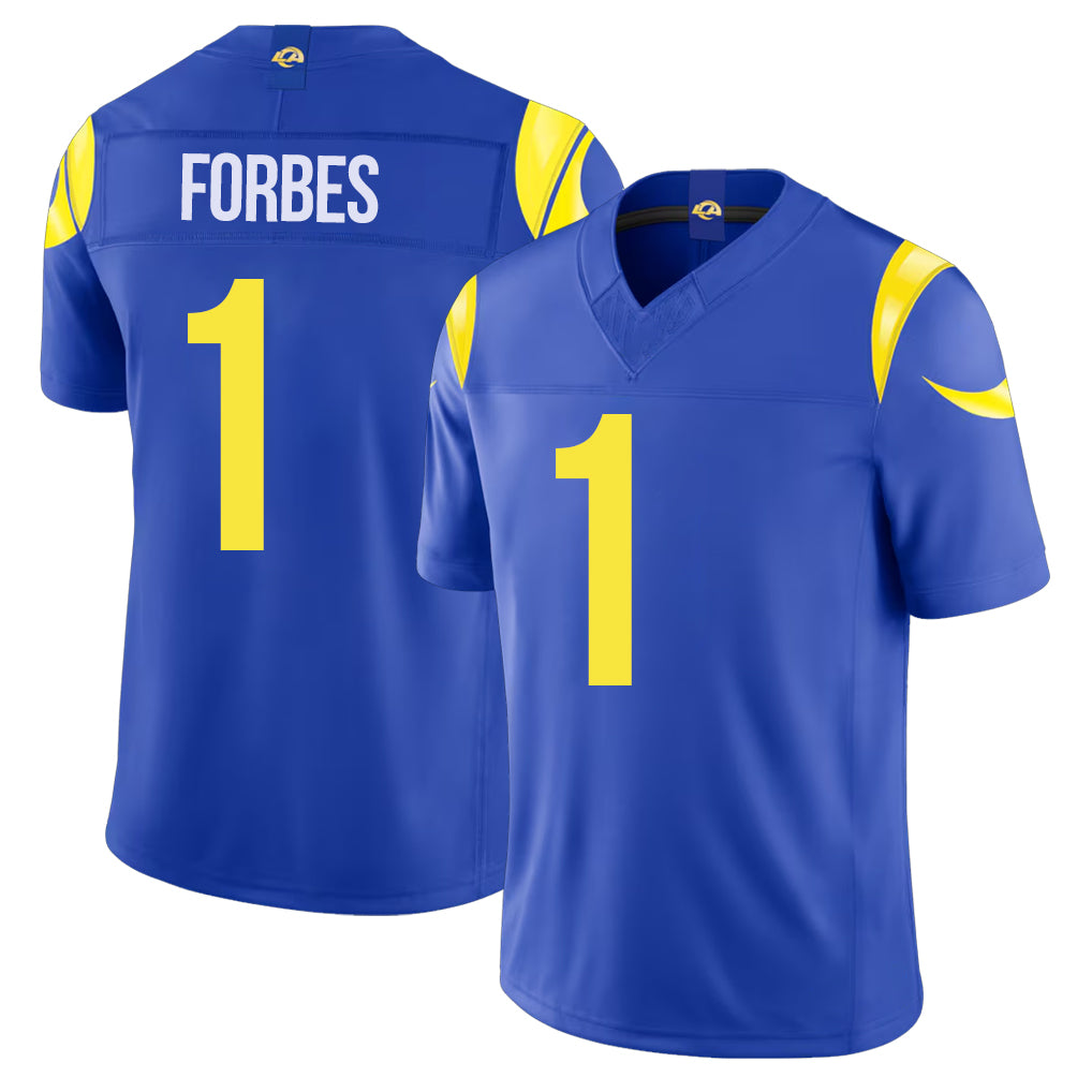 Los Angeles R #1 Forbes Player Football V Neck Short Sleeve Royal Jersey Emmanuel For Men Youth Women Gift