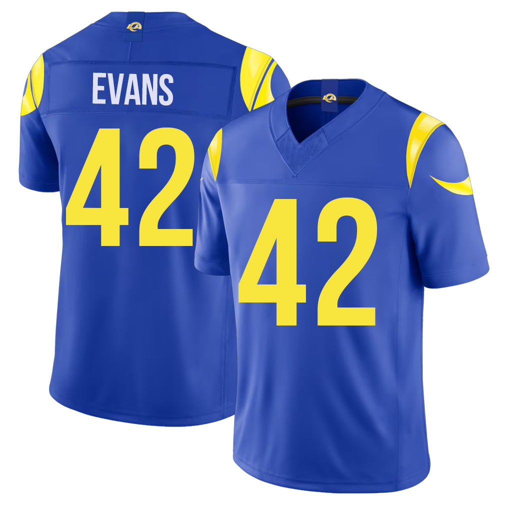 Los Angeles R #42 Evans Player Football V Neck Short Sleeve Royal Jersey Ethan For Men Youth Women Gift
