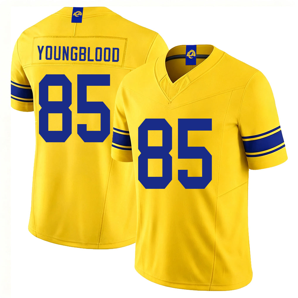 Los Angeles R #85 Youngblood Player Football V Neck Short Sleeve Gold Jersey Jack For Men Youth Women Gift