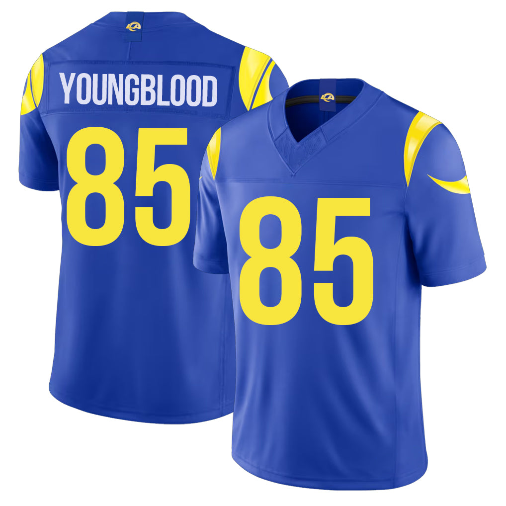 Los Angeles R #85 Youngblood Player Football V Neck Short Sleeve Royal Jersey Jack For Men Youth Women Gift