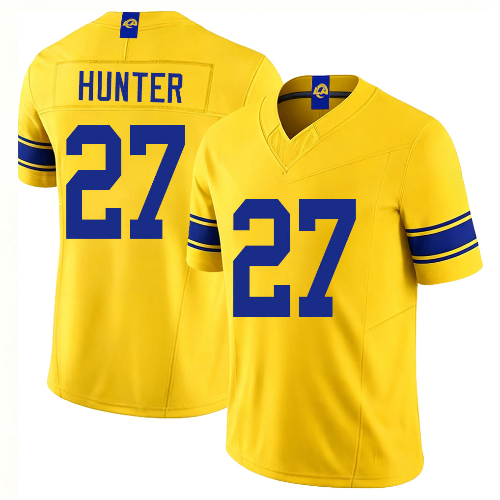 Los Angeles R #27 Hunter Player Football V Neck Short Sleeve Gold Jersey Jarquez For Men Youth Women Gift