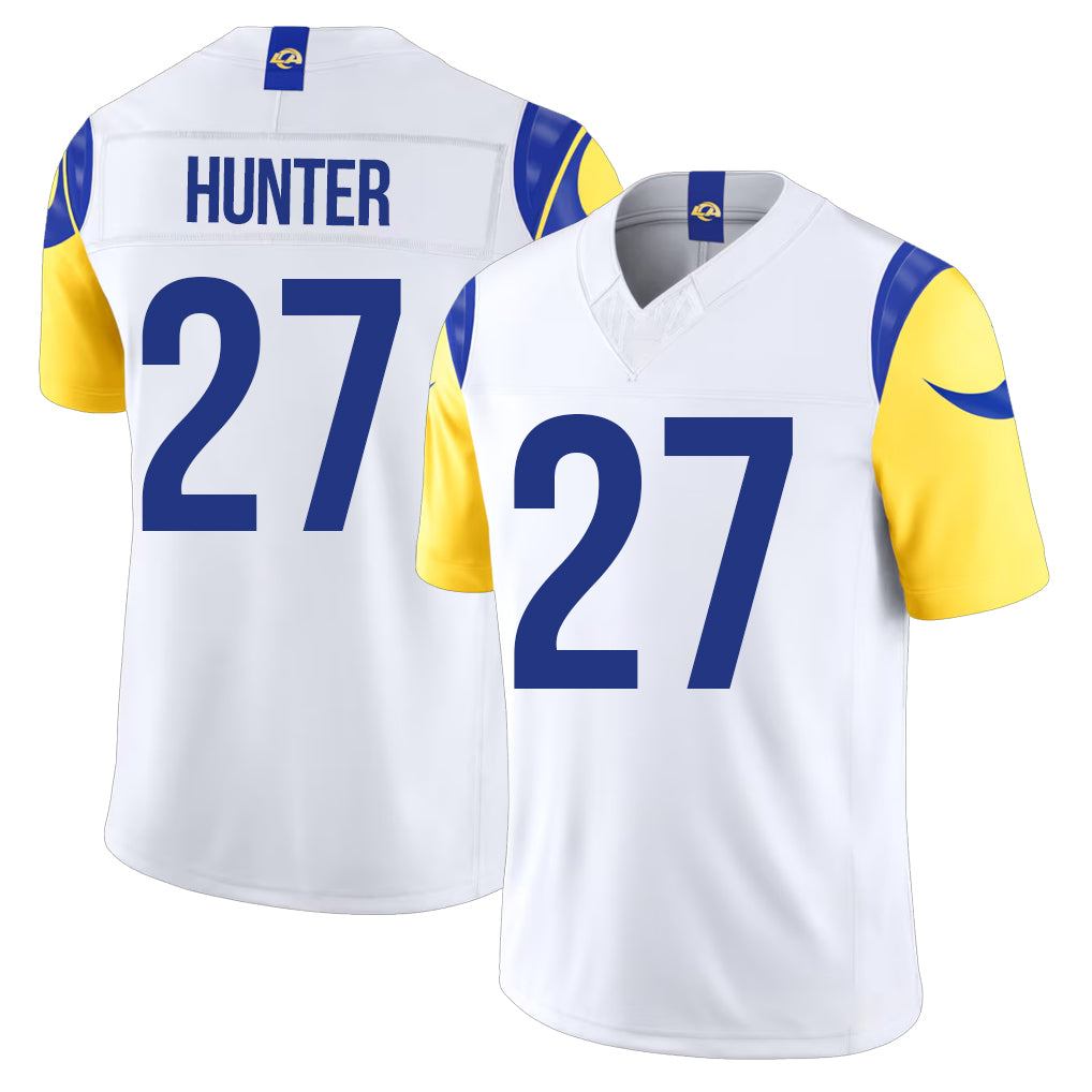 Los Angeles R #27 Hunter Player Football V Neck Short Sleeve White Jersey Jarquez For Men Youth Women Gift
