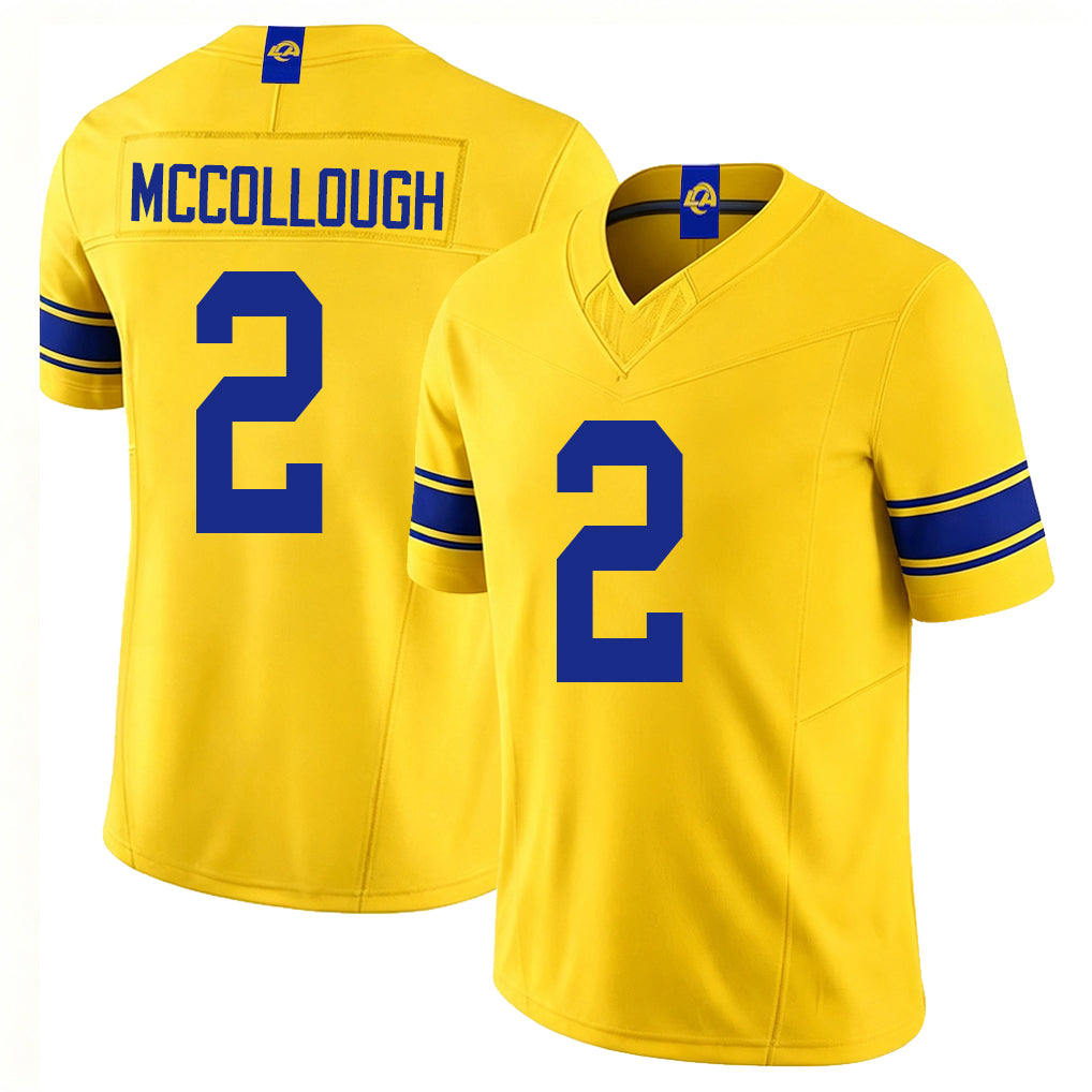 Los Angeles R #2 McCollough Player Football V Neck Short Sleeve Gold Jersey Jaylen For Men Youth Women Gift