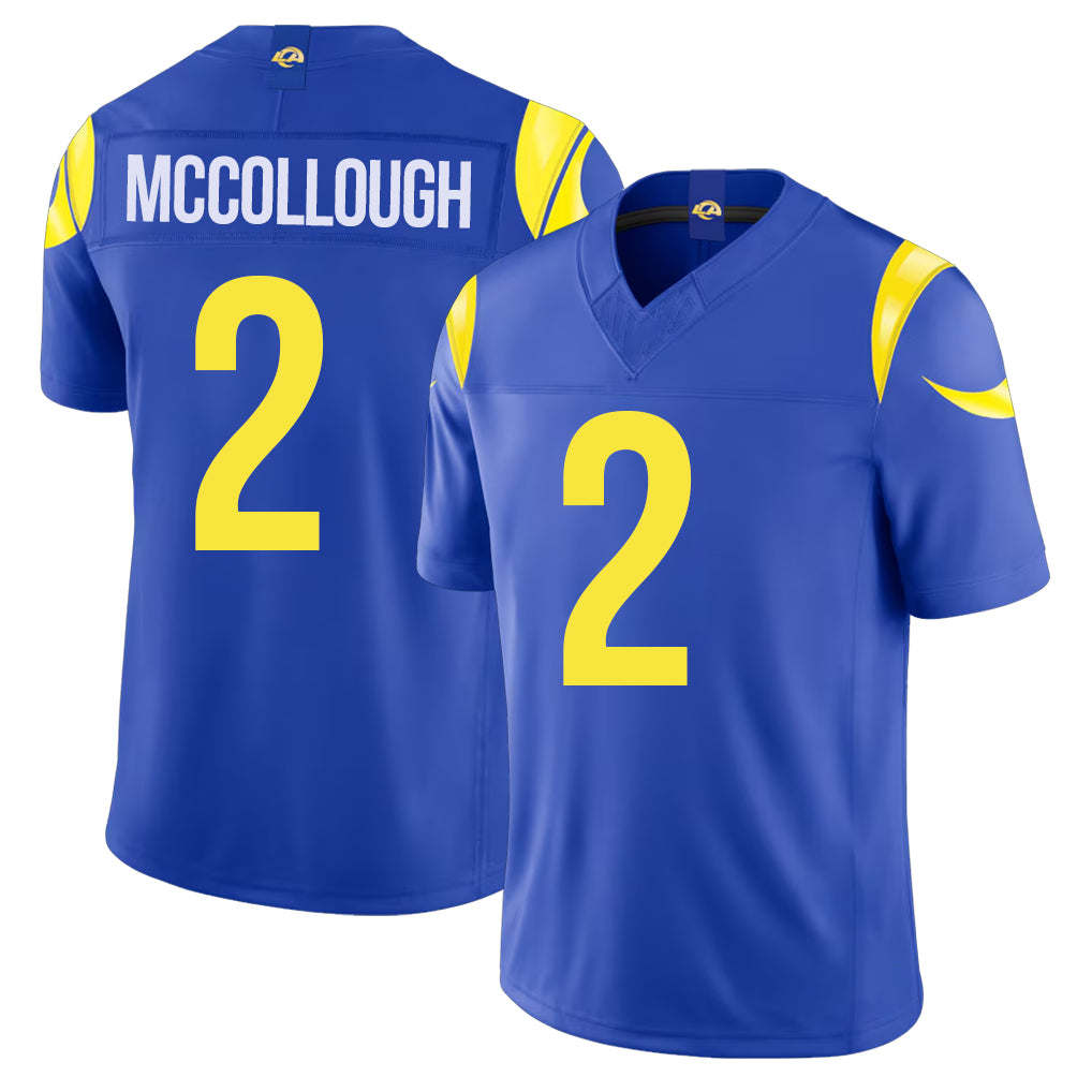 Los Angeles R #2 McCollough Player Football V Neck Short Sleeve Royal Jersey Jaylen For Men Youth Women Gift