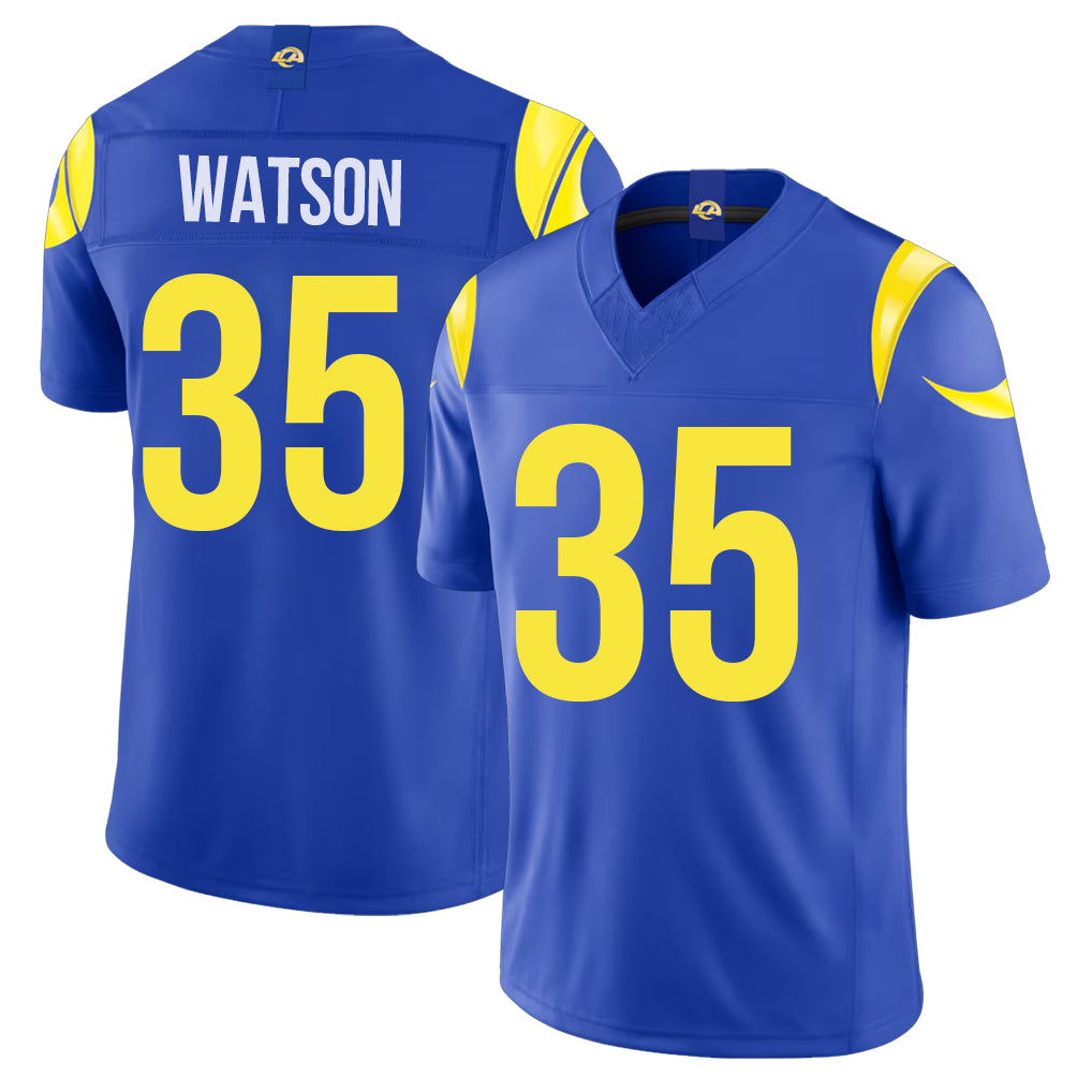 Los Angeles R #35 Watson Player Football V Neck Short Sleeve Royal Jersey Jaylen For Men Youth Women Gift