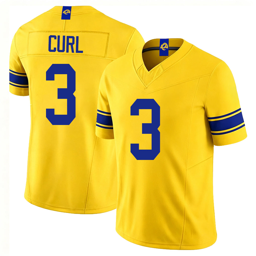 Los Angeles R #3 Curl Player Football V Neck Short Sleeve Gold Jersey Kam For Men Youth Women Gift