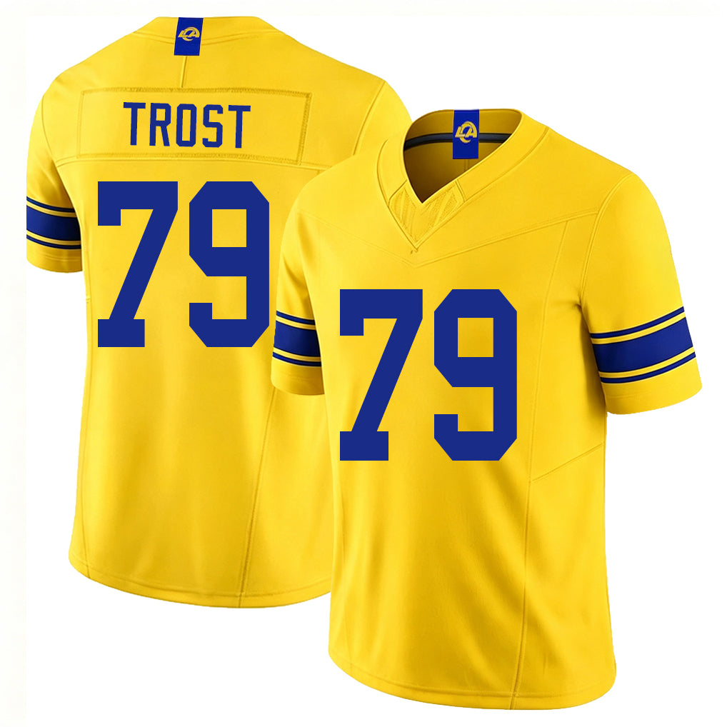 Los Angeles R #79 Trost Player Football V Neck Short Sleeve Gold Jersey Keagen For Men Youth Women Gift