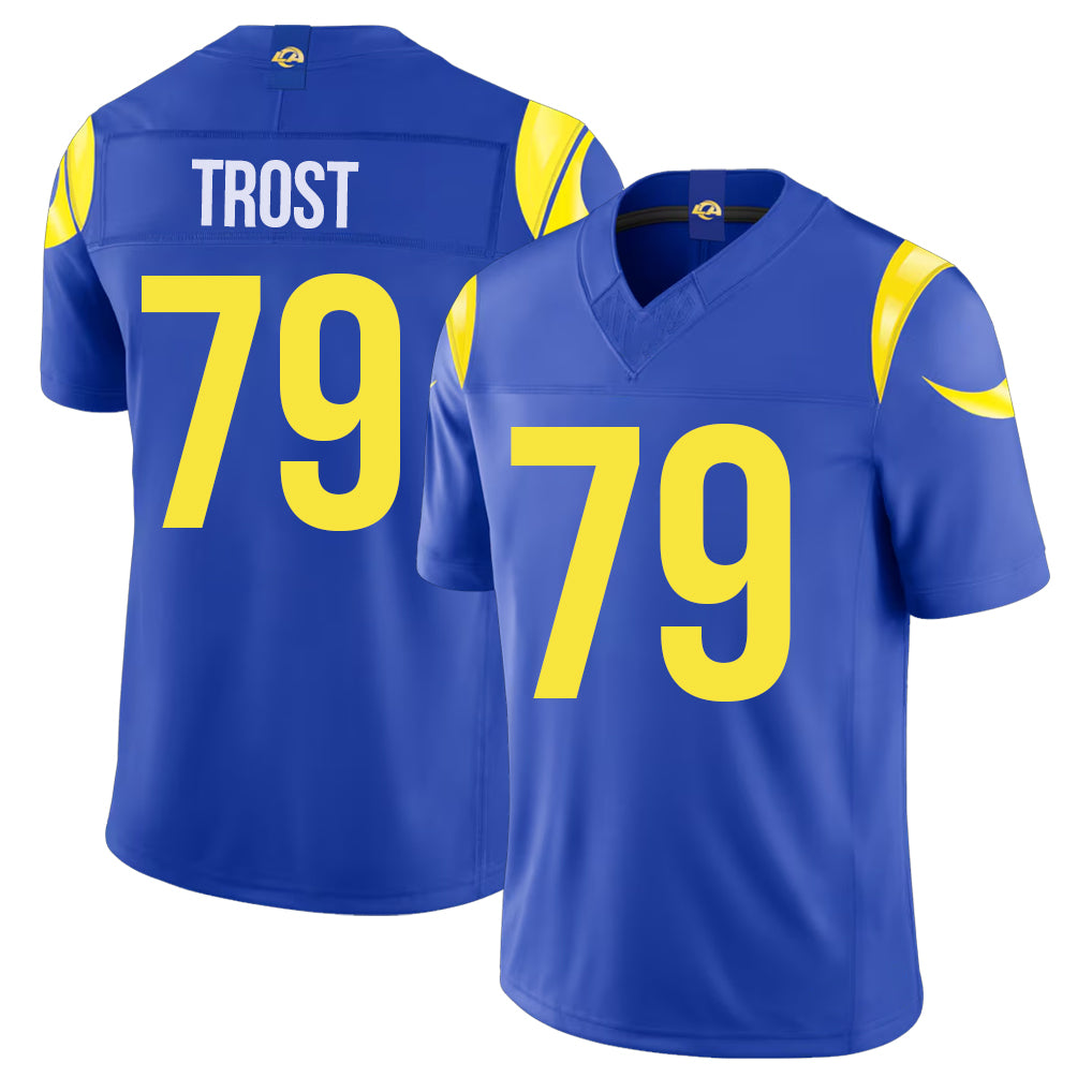 Los Angeles R #79 Trost Player Football V Neck Short Sleeve Royal Jersey Keagen For Men Youth Women Gift