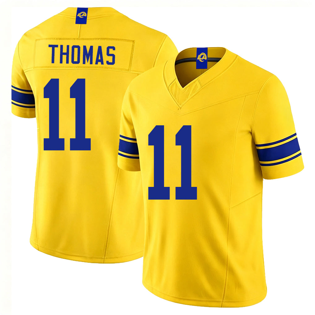 Los Angeles R #11 Thomas Player Football V Neck Short Sleeve Gold Jersey Keir For Men Youth Women Gift