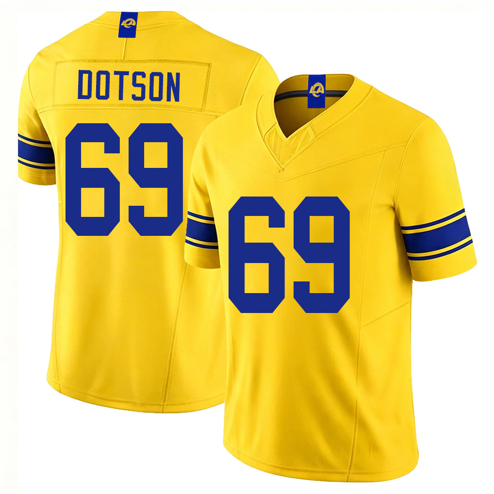 Los Angeles R #69 Dotson Player Football V Neck Short Sleeve Gold Jersey Kevin For Men Youth Women Gift
