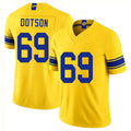 Los Angeles R #69 Dotson Player Football V Neck Short Sleeve Gold Jersey Kevin For Men Youth Women Gift