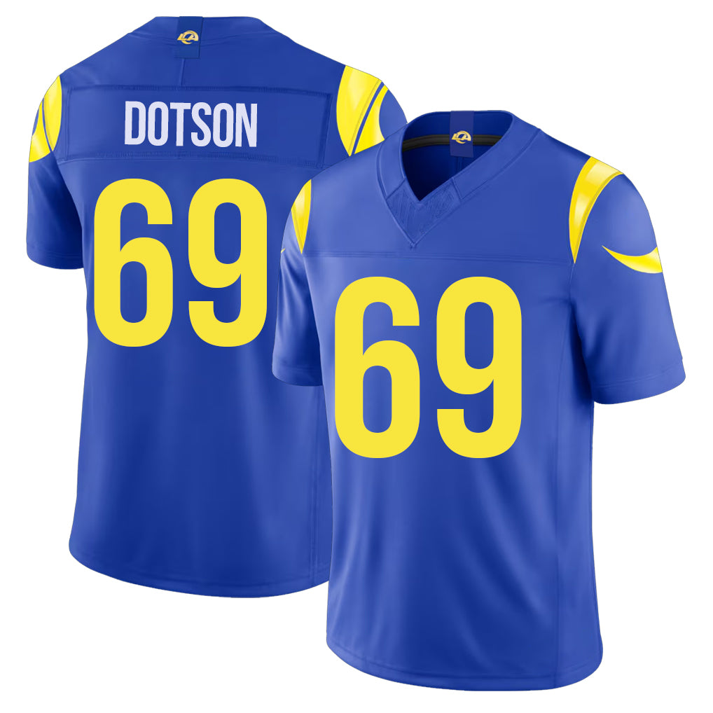 Los Angeles R #69 Dotson Player Football V Neck Short Sleeve Royal Jersey Kevin For Men Youth Women Gift