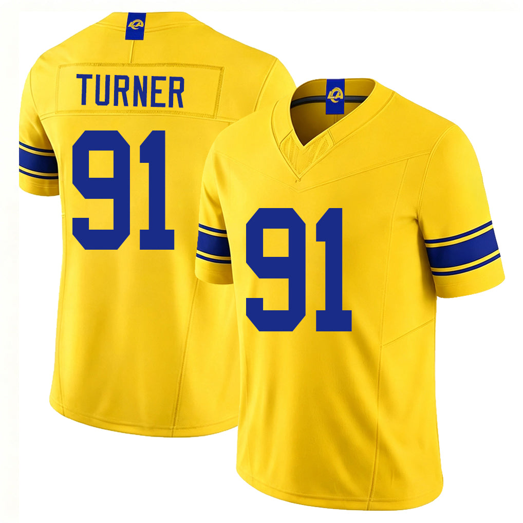 Los Angeles R #91 Turner Player Football V Neck Short Sleeve Gold Jersey Kobie For Men Youth Women Gift