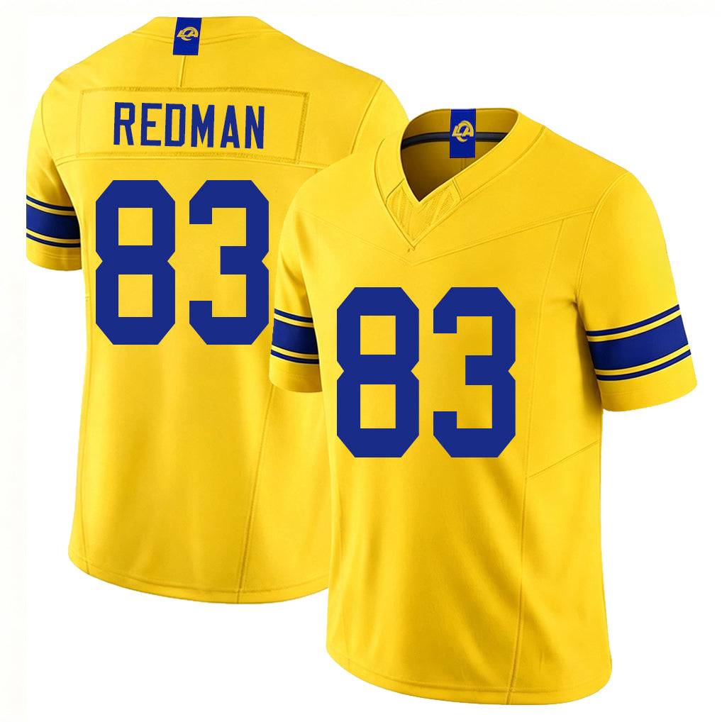 Los Angeles R #83 Redman Player Football V Neck Short Sleeve Gold Jersey Mark For Men Youth Women Gift