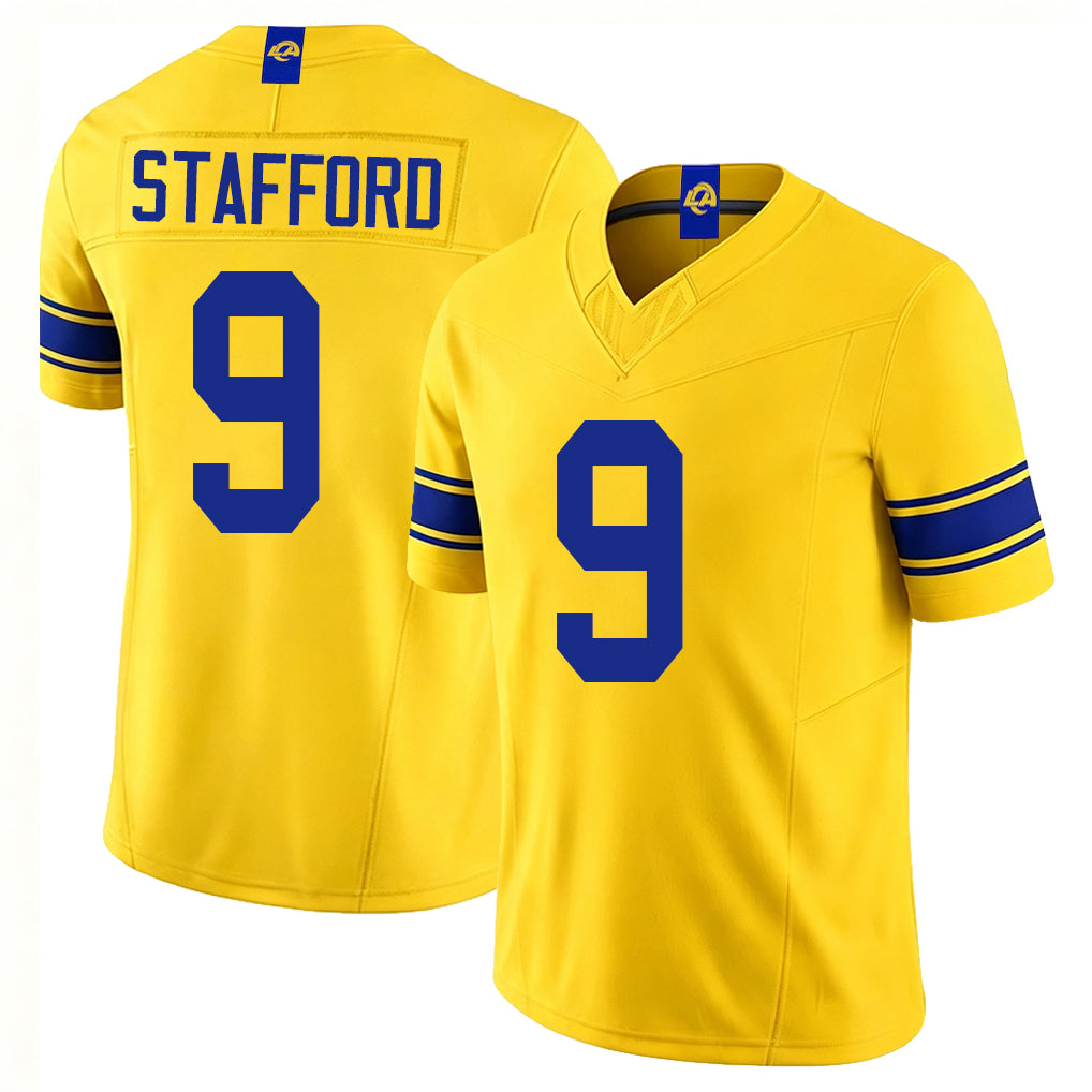 Los Angeles R #9 Stafford Player Football V Neck Short Sleeve Gold Jersey Matthew For Men Youth Women Gift