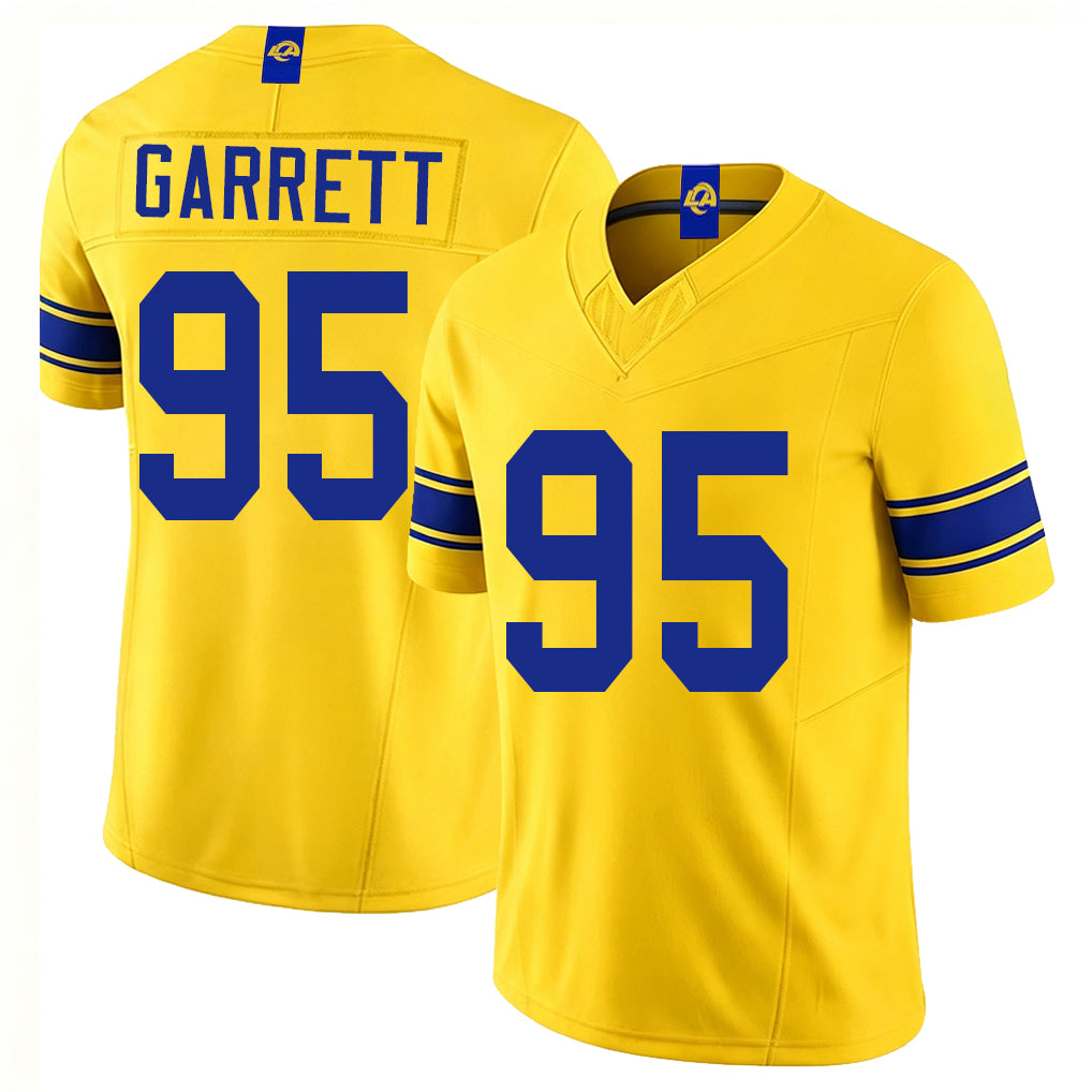 Los Angeles R #95 Garrett Player Football V Neck Short Sleeve Gold Jersey Myles For Men Youth Women Gift