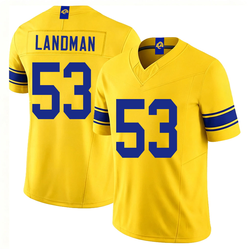 Los Angeles R #53 Landman Player Football V Neck Short Sleeve Gold Jersey Nate For Men Youth Women Gift