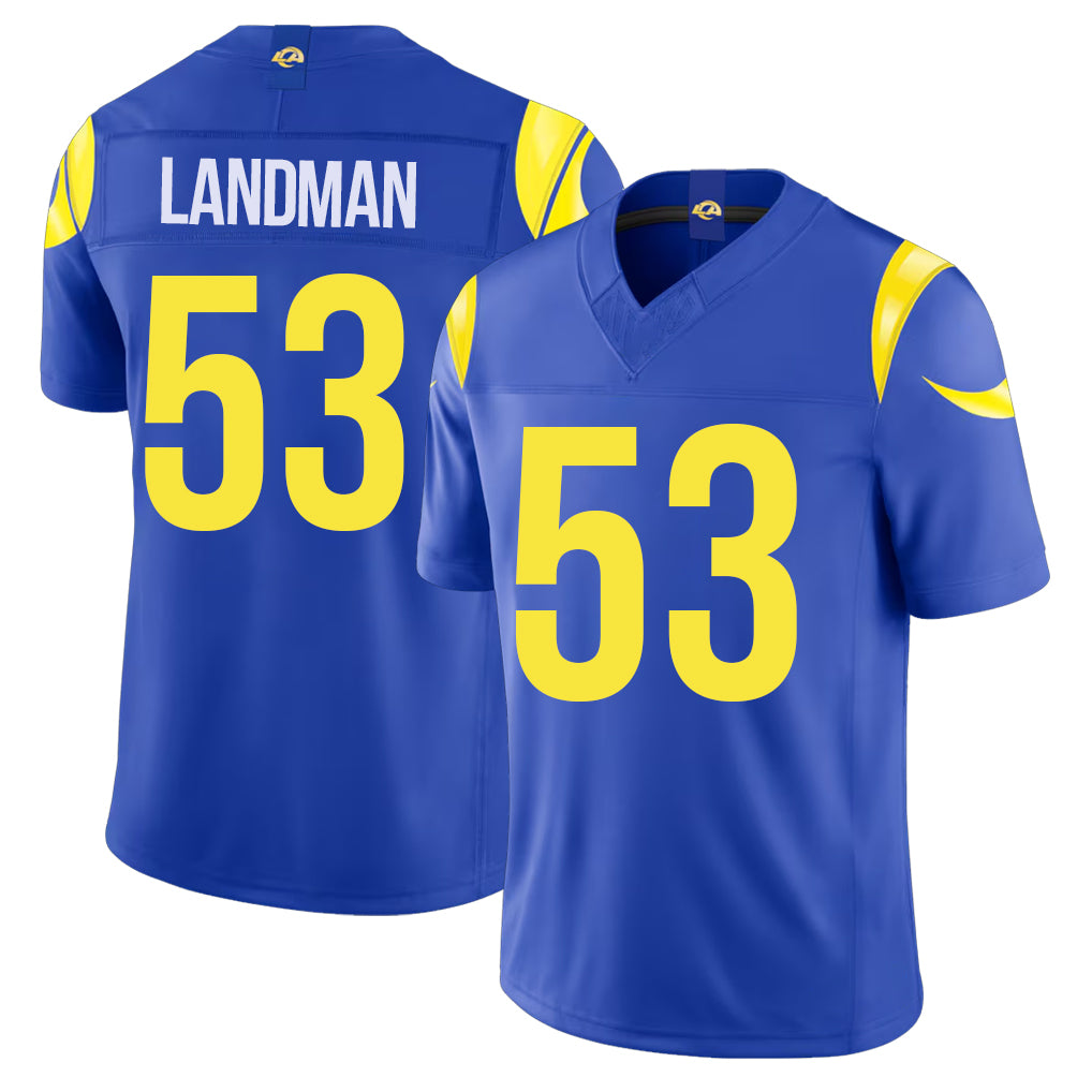 Los Angeles R #53 Landman Player Football V Neck Short Sleeve Royal Jersey Nate For Men Youth Women Gift