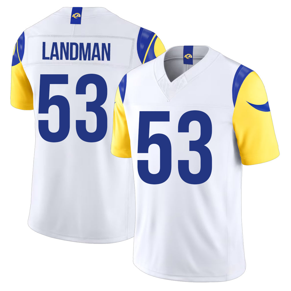 Los Angeles R #53 Landman Player Football V Neck Short Sleeve White Jersey Nate For Men Youth Women Gift