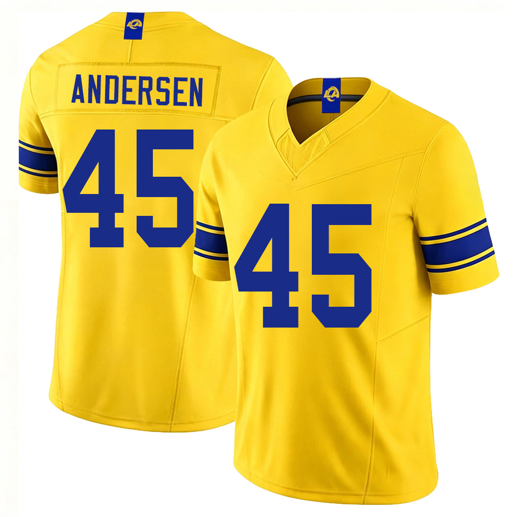 Los Angeles R #45 Andersen Player Football V Neck Short Sleeve Gold Jersey Nick For Men Youth Women Gift