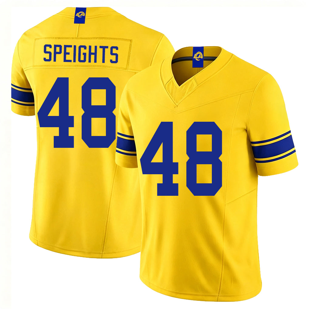 Los Angeles R #48 Speights Player Football V Neck Short Sleeve Gold Jersey Omar For Men Youth Women Gift