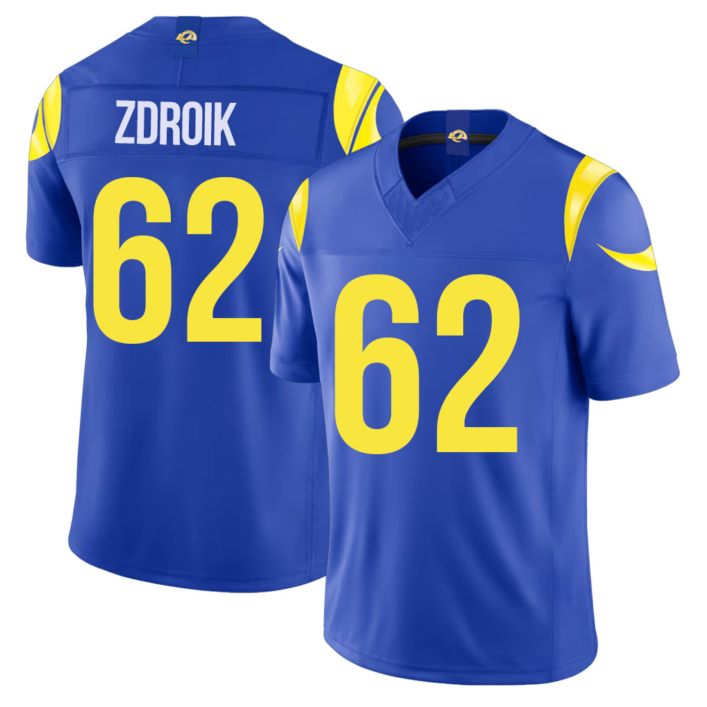 Los Angeles R #62 Zdroik Player Football V Neck Short Sleeve Royal Jersey Payton For Men Youth Women Gift