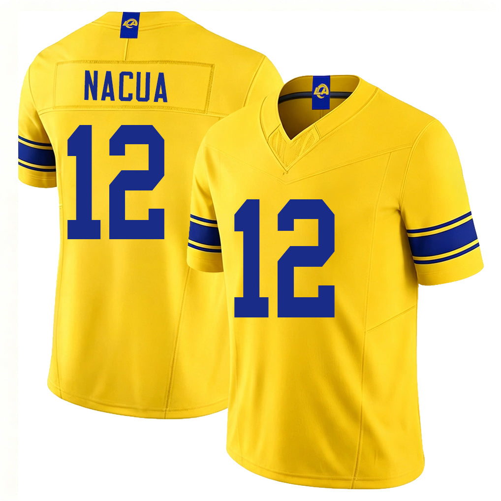 Los Angeles R #12 Nacua Player Football V Neck Short Sleeve Gold Jersey Puka For Men Youth Women Gift